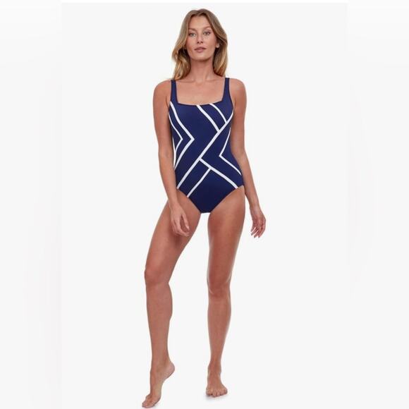 NWT $128 Gottex Mirage Women's Square Neck One Piece Swimsuit navy Size 14 - Picture 1 of 16